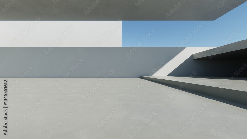 Poster 3d render of abstract modern concrete architecture with empty cement floor, minimal exterior, car pr