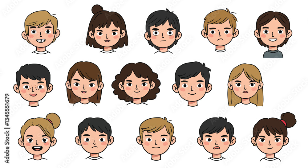 Poster collection of diverse facial expressions in flat vector illustration style with characters showing v