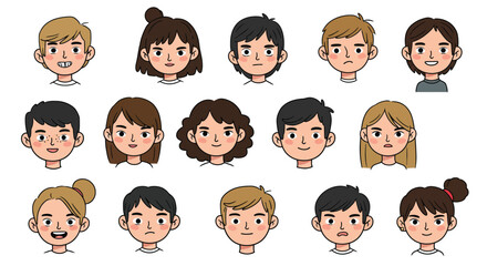 Collection of diverse facial expressions in flat vector illustration style with characters showing various emotions vector art
