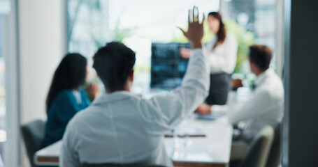 Doctor, meeting and hands raised with presentation for question, answer or interaction in...