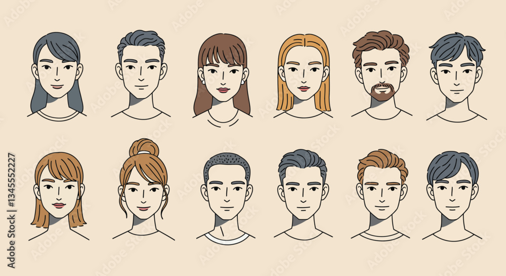 Poster diverse group of characters in minimal vector art style showcasing various hairstyles and expression