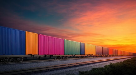 Fototapeta premium Colorful freight train at sunset