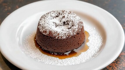 Warm Molten Chocolate Lava Cake with Caramel Sauce on White Plate