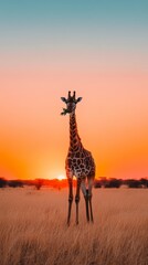 Obraz premium A giraffe eating leaves from an acacia tree on a savanna during golden hour, with soft, warm light highlighting its long neck and the vast landscape.