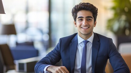 Fototapeta premium Confident young man in formal attire at a modern desk, embodying professionalism and ambition.