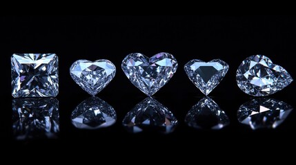 Assorted diamond shapes on reflective surface against black background