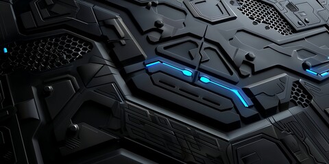 Black Futuristic Metal Surface with Blue Light Accents Technology Concept
