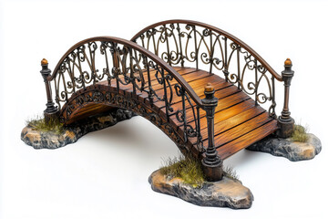 charming small pedestrian bridge made of wood on a white background