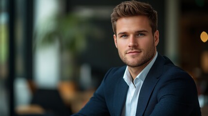 Fototapeta premium Confident young man in formal attire at a modern desk, embodying professionalism and ambition.