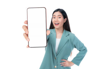 Beautiful Asian woman in a stylish green blazer holding a smartphone with a blank screen, smiling cheerfully confidently, showcasing the phone towards the camera, isolated on a transparent background