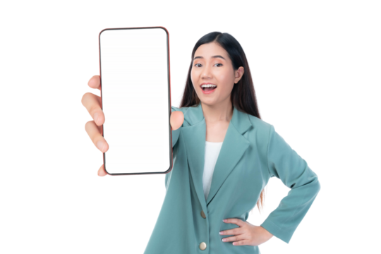 Beautiful Asian woman in a stylish green blazer holding a smartphone with a blank screen, smiling cheerfully confidently, showcasing the phone towards the camera, isolated on a transparent background - Powered by Adobe
