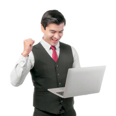 Excited businessman in a suit and red tie holding a laptop with a triumphant expression, celebrating success in business or online achievement, isolated on a transparent background