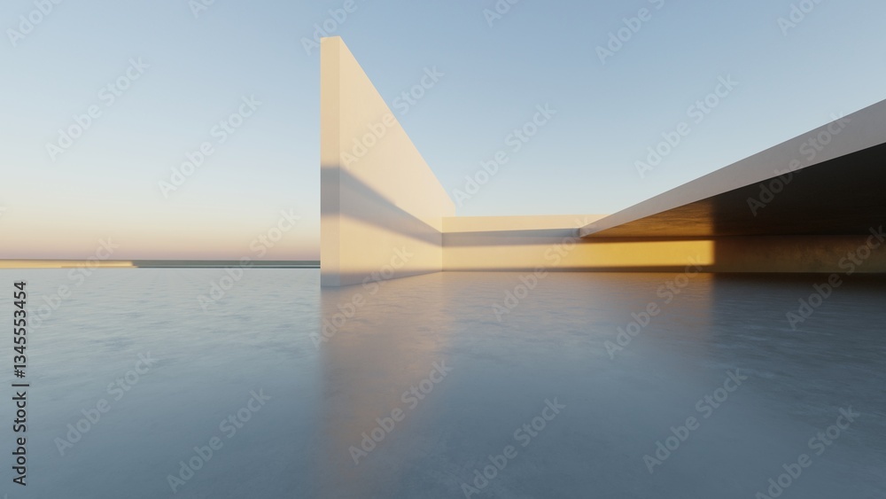 Poster 3d render of abstract modern concrete architecture with empty cement floor, minimal exterior, car presentation background