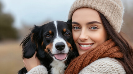 young woman in cozy outfit joyfully hugs her dog outdoors, showcasing strong bond and warmth