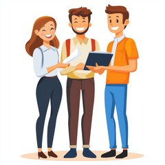 Obraz premium Friendly group of diverse people smiling and sharing documents in a bright and modern office environment