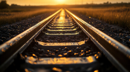 Obraz premium A deserted railway track cutting through a vast open field, disappearing into the glowing horizon at dawn. The metal rails glisten under the soft morning light, with dew-covered wooden sleepers addi