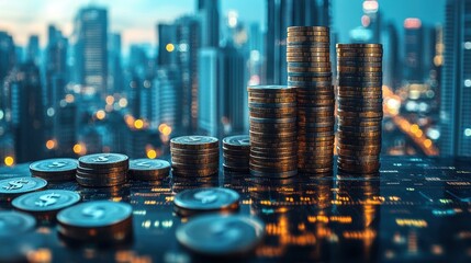 interest dividends or tax rates stacked money and percentage marks on cityscape background abstract image of finance and accounting