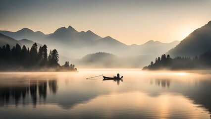 Silhouetted boat a tranquil lake sunrise, mountains shrouded mist.
