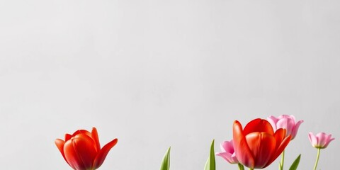 Obraz premium Three vibrant red tulips stand out against a muted gray backdrop; others bloom softly on a light background, white, nature
