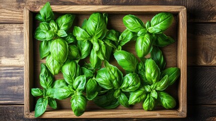 Fototapeta premium Fresh green basil leaves in wooden box on rustic wooden background