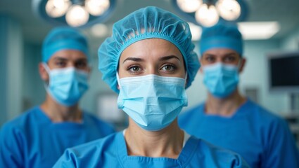 A team of healthcare professionals in scrubs and surgical caps, smiling warmly in a bright, sterile operating room, reflecting teamwork, expertise, and dedication.