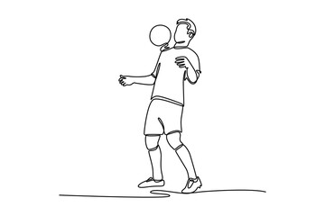 Continuous one line drawing energetic male football defender controlling the ball on his chest at the game. Soccer championship league competition. Single line draw design vector graphic illustration