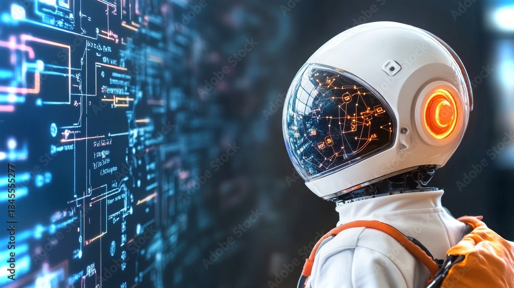 Poster futuristic robot gazing at digital data in a high-tech environment