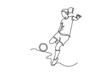 Continuous one line drawing beautiful female football striker shooting the ball to make a goal at national stadium. Soccer sport match competition. Single line draw design vector graphic illustration