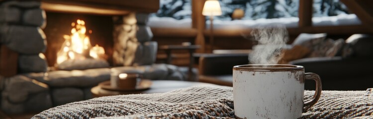 Rustic Mountain Cabin Interior with Stone Fireplace, Cozy Blankets, Vintage Decor, and Soft Lighting for a Warm and Relaxing Retreat
