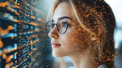 Woman gazing at complex data stream, neural network overlay