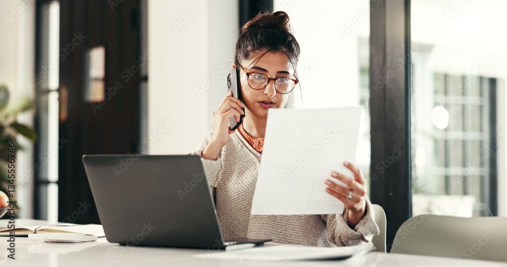 Poster phone call, document and woman with laptop for remote work in home with contact for feedback. comput