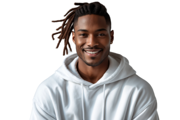 Portrait of a Black male model with dreadlocks tied back in white hoodie