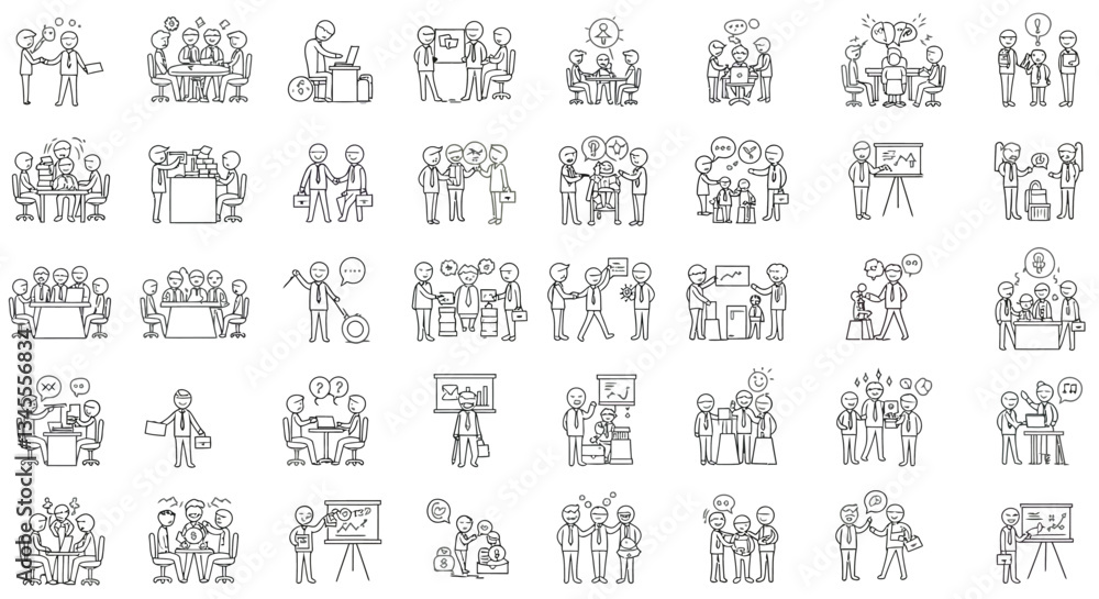 Poster group of people interacting in various scenarios with flat design style vector art