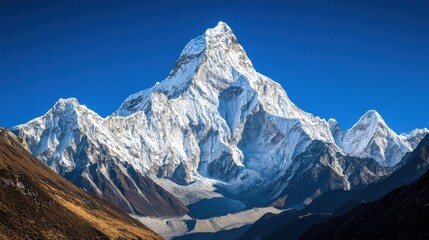 Majestic snow-capped mountain peak under clear blue sky