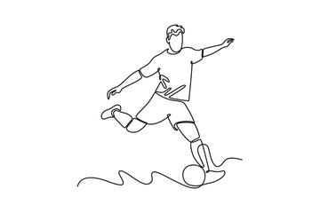 Single one line drawing attractive male football player striker take a free kick. Competitive on soccer competition match sports concept. Modern continuous line draw design graphic vector illustration