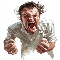 Intense emotional expression of a man screaming in frustration with unkempt hair and clenched fists against a white background
