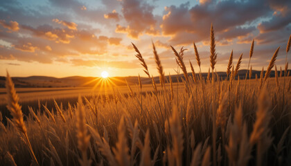 Beautiful sunset over a rural field with golden grass and a colorful sky