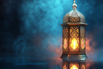 A metallic gold 3D-rendered Islamic lantern rests on a reflective surface, with elegant lighting enhancing its intricate details, set against a festive Eid-themed backdrop.