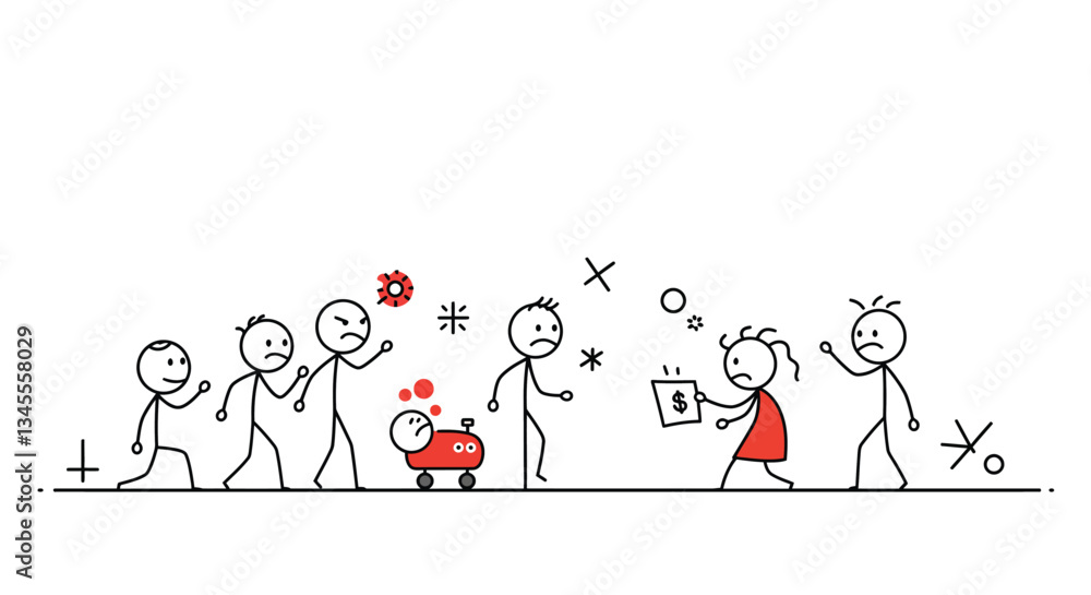 Poster stick figure characters interacting in playful scenes with minimal style vector art
