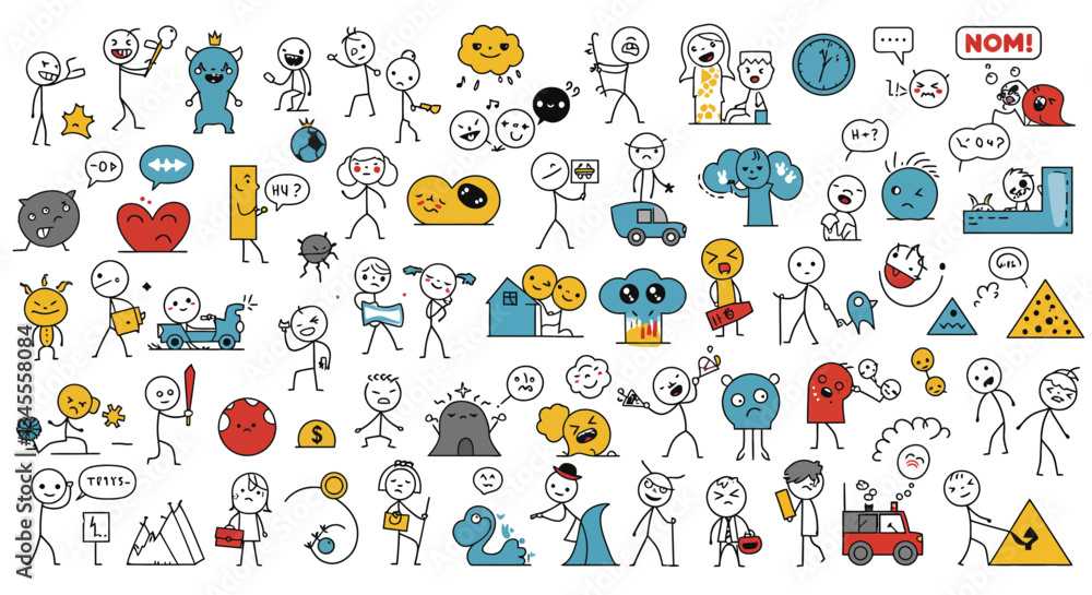 Poster colorful character transformations in flat vector art illustrating emotions and actions in a playful