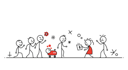 Stick figure characters interacting in playful scenes with minimal style vector art