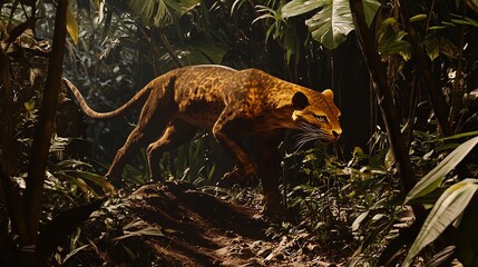 Stealthy Fossa prowling through the thick Madagascar jungle its long lithe body blending seamlessly with the shadows