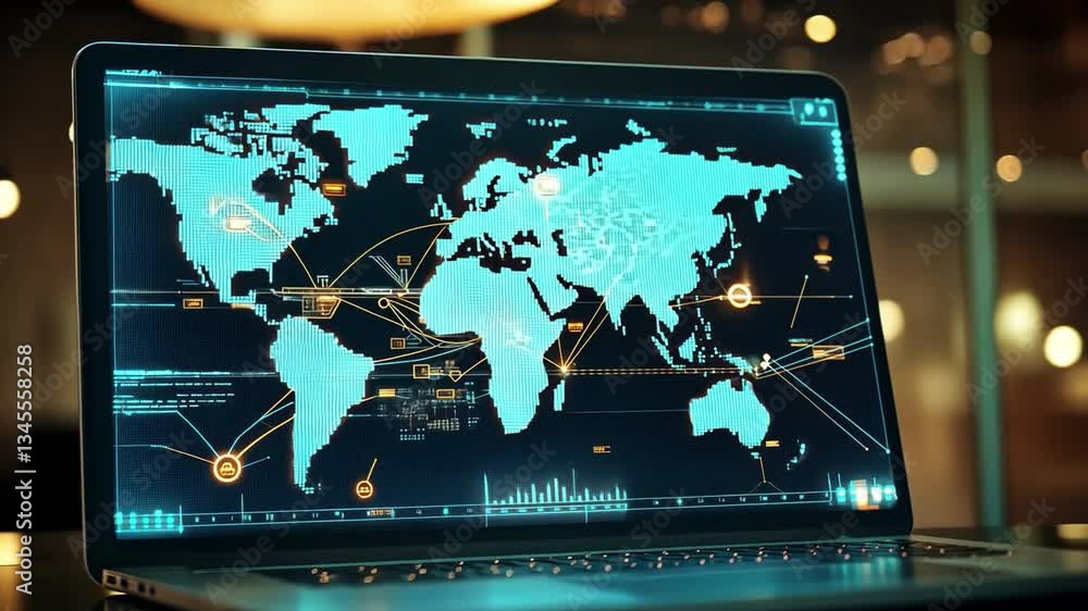 Aufkleber global connectivity: a laptop screen displays a vibrant world map with interconnected lines, symboli