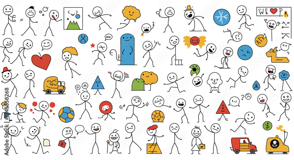 Poster stick figure characters engaging in activities with flat design elements in colorful vector illustra