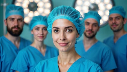 A team of healthcare professionals in scrubs and surgical caps, smiling warmly in a bright, sterile operating room, reflecting teamwork, expertise, and dedication.