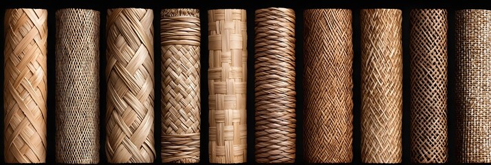 A closeup view of various intricately woven textile patterns featuring a range of natural fibers and rich textures showcasing the and craftsmanship of traditional handmade techniques