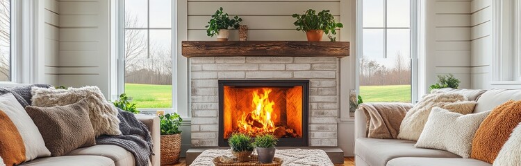 Cozy Modern Farmhouse Living Room with Roaring Fireplace, Rustic Decor, and Serene Countryside View - Warm and Comfortable Interior for Home Decor and Lifestyle Magazines