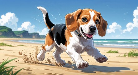 Playful Beagle Puppy Running on Beach Sand with Happy Expression anime cartoon illustration design
