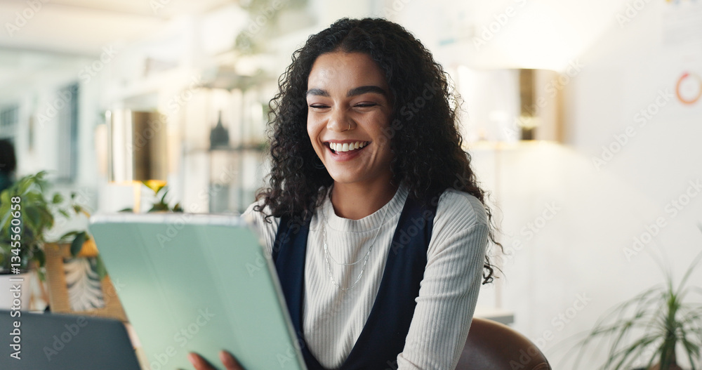 Poster happy woman, web designer or tablet with project for research, ui or ux development at office. femal