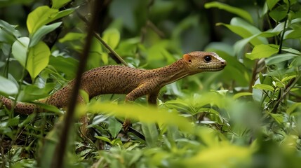 Fototapeta premium Stealthy Fossa prowling through the thick Madagascar jungle its long lithe body blending seamlessly with the shadows